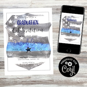 Police Officer Graduation Invitation Template | Celebration | Badge and Blue Stripe | Print or send electronically | Digital Download Only