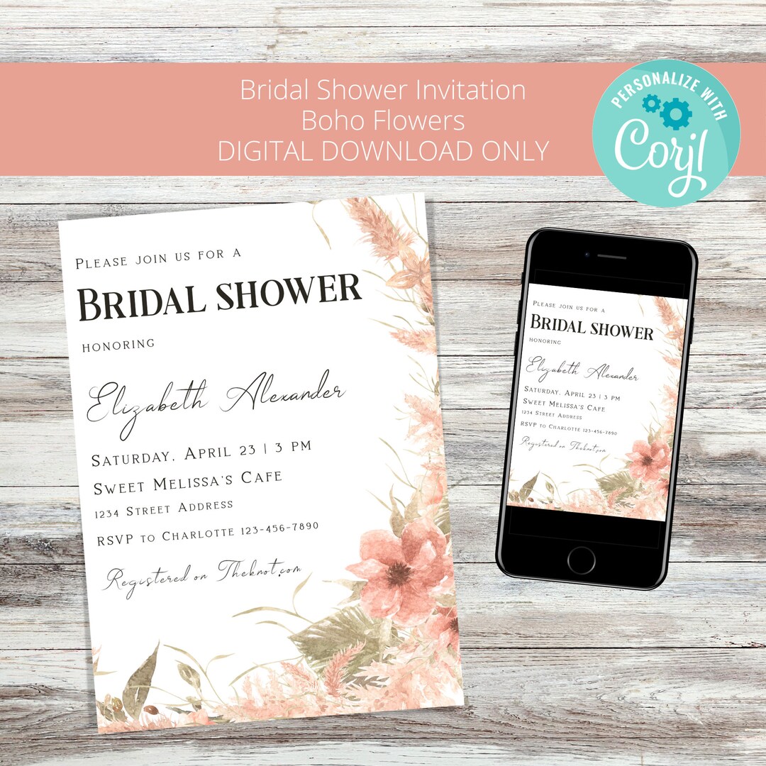 Bridal Shower Invitation Template Boho Neutral Flowers Edit and Print