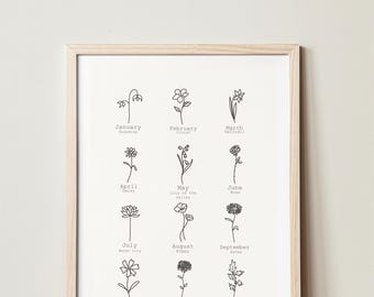 Wydruk z wykresem kwiatów urodzeniowych | Minimalistyczna grafika botaniczna (pobranie cyfrowe)