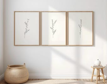 Zestaw 3 gałązek botanicznych | Minimalistyczna grafika ścienna do druku | Neutralny rysunek liniowy | Pobieranie cyfrowe