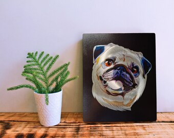 Cuadro decorativo de carlino / Lámina moderna de perro en aluminio cepillado (24 x 20 cm)