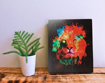 Impresión artística de león, diseño de grafiti de acuarela sobre aluminio cepillado