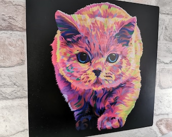 Arte neón de gato de pelo corto, impresión en aluminio cepillado a mano (30,5 x 30,5 cm)
