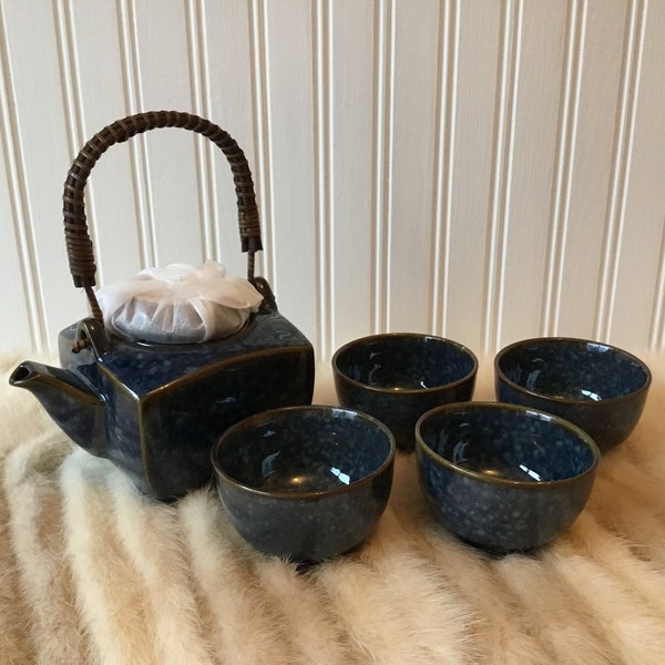 Brand New Teavana “Denim Blues” Tea Set, Bamboo Handle, Square Teapot, Collectible Tea Set