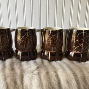 Set of 4 Purinton Pottery Slipware Intaglio Grandmugs, Leaf Design, Collectible Mugs