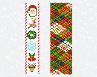 May include: A white background with a red and white candy cane border on the left side and a green, red, and white plaid pattern on the right side. The candy cane border features Christmas icons including Santa, reindeer, a wreath, a snowflake, a bell, and a reindeer head.