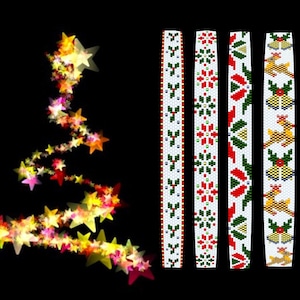 May include: Five different white fabric ribbon trims with colorful Christmas patterns. The patterns include snowflakes, reindeer, holly, and bells.