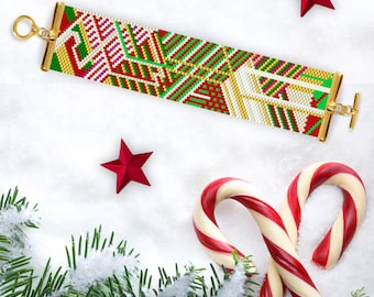 May include: A colorful beaded bracelet with a geometric pattern in red, green, white, and gold. The bracelet is on a white background with candy canes and red stars.