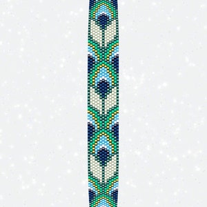 May include: A beaded bracelet with a geometric pattern in shades of blue, green, white, and yellow.