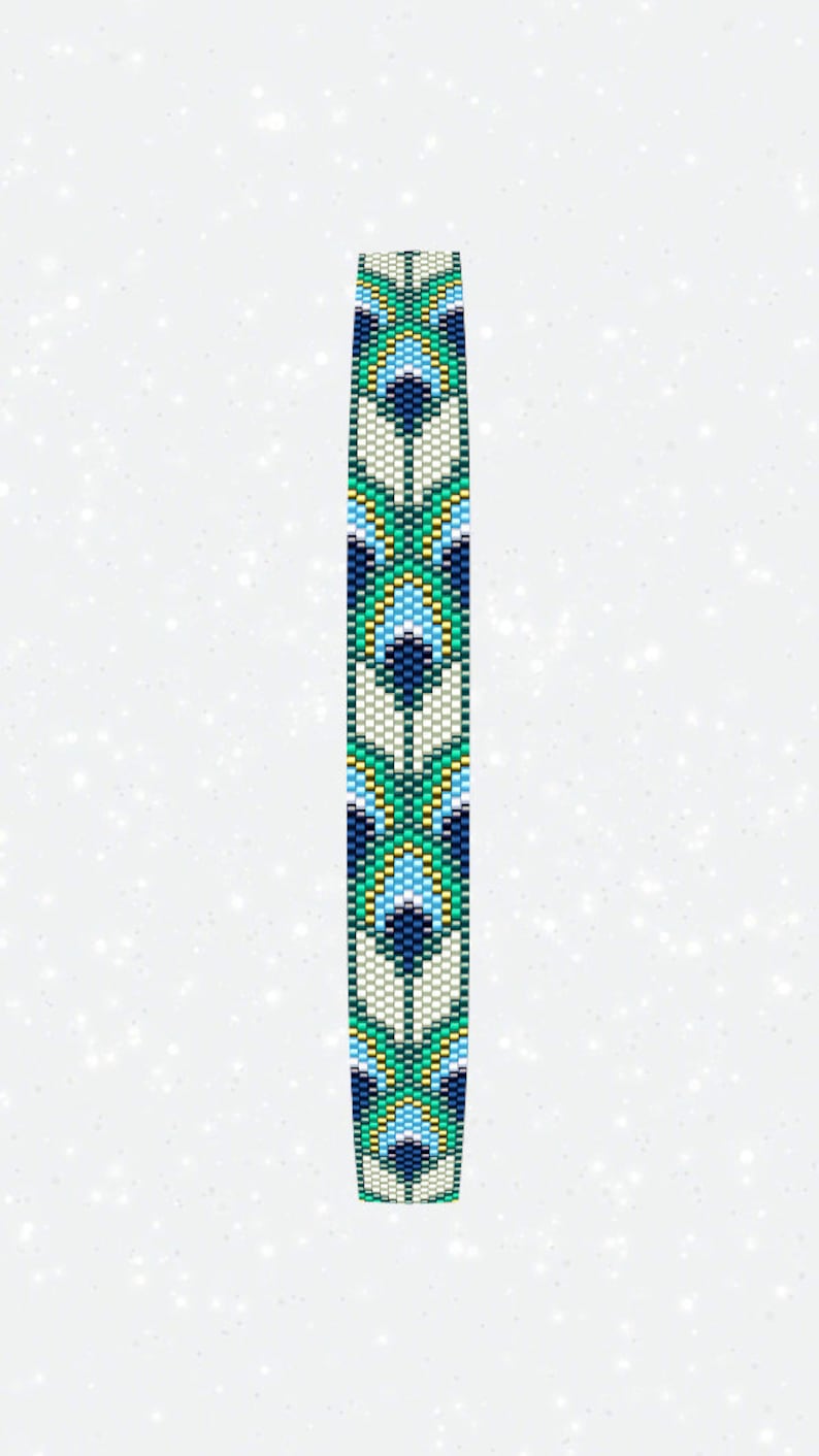 May include: A beaded bracelet with a geometric pattern in shades of blue, green, white, and yellow.