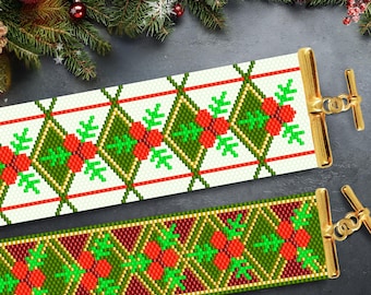 May include: Two beaded bracelets with a Christmas theme. The bracelets feature a repeating pattern of red berries, green leaves, and gold accents on a white and red background.