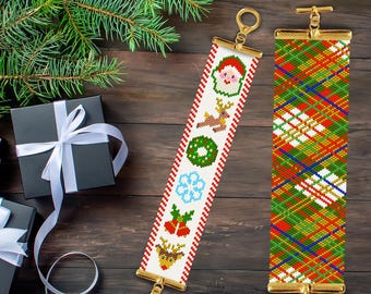 May include: Two Christmas themed beaded bracelets. One bracelet features a white background with red and green stripes and a repeating pattern of Santa, reindeer, a wreath, a snowflake, a bell, and a reindeer. The other bracelet features a red, green, and blue plaid pattern.