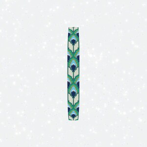 May include: A beaded bracelet with a geometric pattern in shades of blue, green, and white.