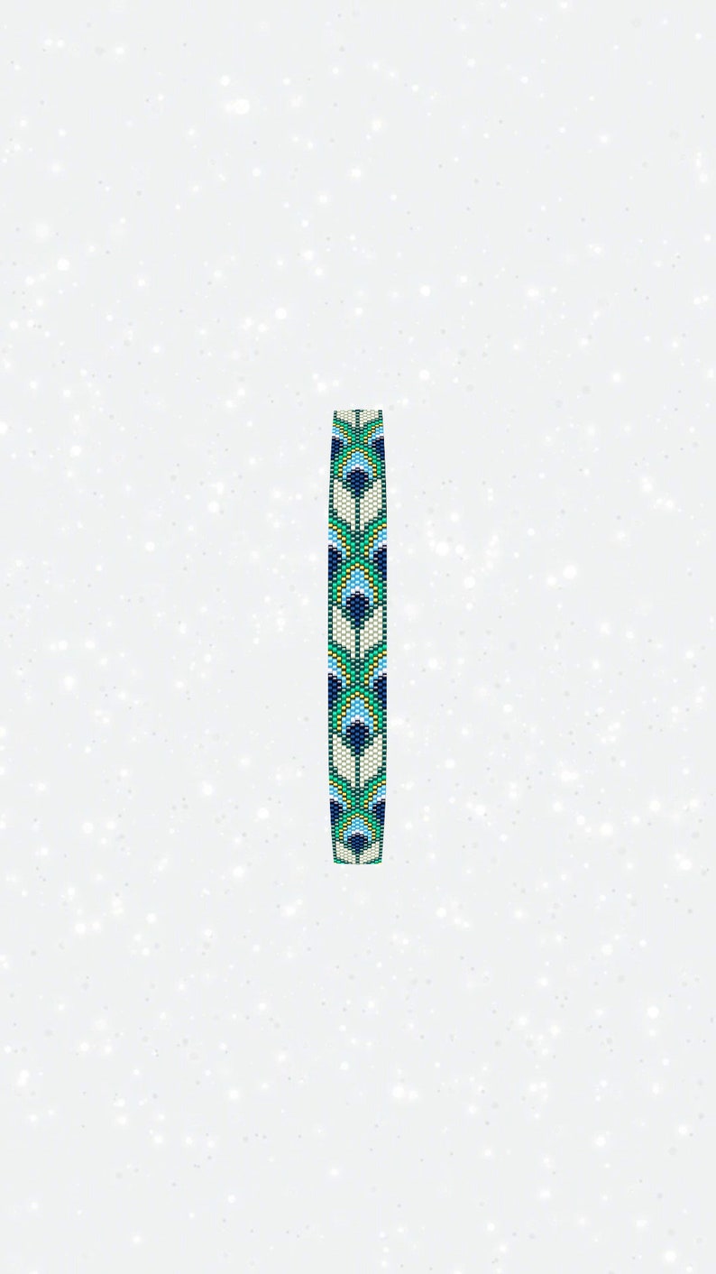 May include: A beaded bracelet with a geometric pattern in shades of blue, green, and white.