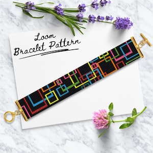 May include: A black loom bracelet with a geometric pattern of colourful squares. The bracelet has gold clasps and the text "Loom Bracelet Pattern" is written on a white background.