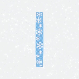 May include: A blue ribbon with white snowflake designs. The ribbon is against a white background with a subtle sparkle effect.