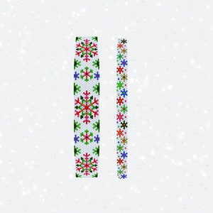 May include: Two beaded bracelets with snowflake patterns. The larger bracelet has red, green, blue, and white beads. The smaller bracelet has red, green, yellow, blue, and white beads.
