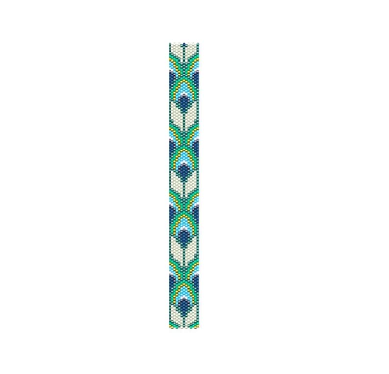 May include: A beaded pattern with a repeating design of blue, green, white, and yellow beads. The pattern is symmetrical and has a geometric shape.