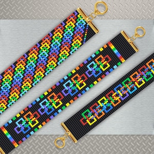 May include: Three rainbow loom bracelets with a black background and gold clasps. The bracelets feature a geometric pattern of squares in various colors.