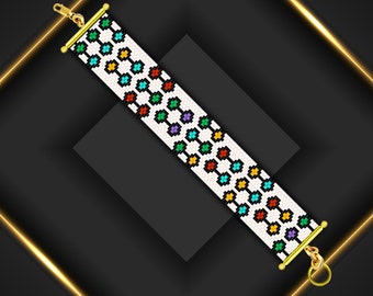 Geometric Peyote Bracelet Pattern, Colorful Circles White Background, Beaded Cuff Pdf Instant Download, Miyuki Delica Design