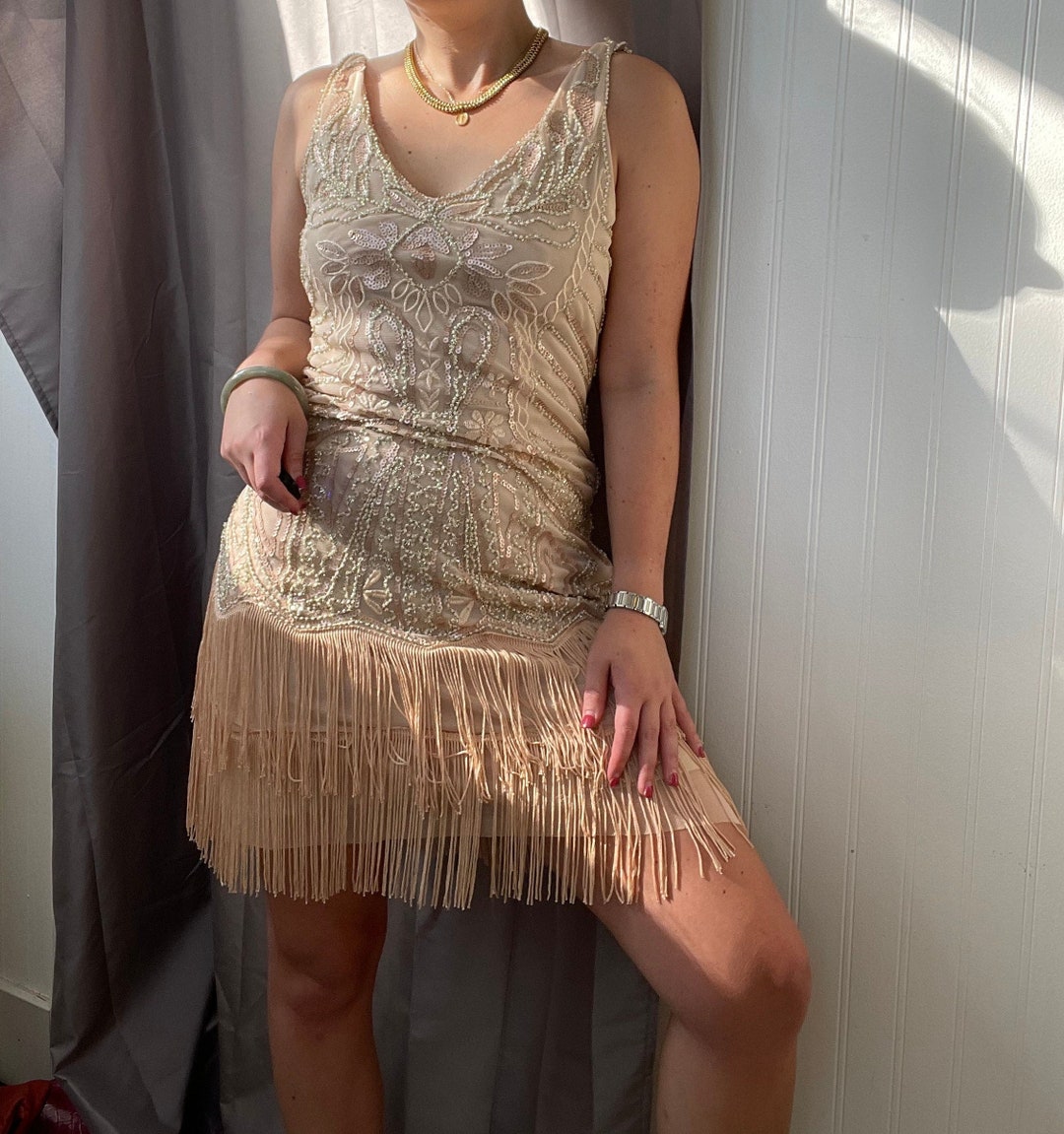 Vintage Asymmetrical Beaded Sparkle Fringe Dress in Gold 90s Etsy