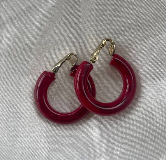 Retro Mid-Century Red Lucite Clip On Hoop Earrings - image 1