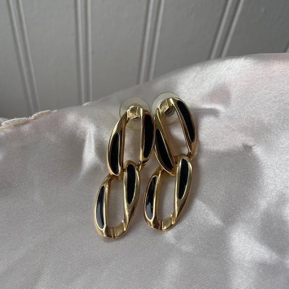 Gold & Black Enamel Chain Link Drop Dangle Earrin… - image 1