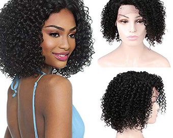 Kinky Curl Jerry Short Bob Wig 10A Real Virgin Raw Curly Human Hair Unprocessed Natural Hairline Black (14&quot; T-Part Wig)