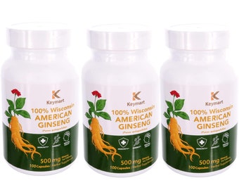 100% Pure American Wisconsin Ginseng Capsules 1000 mg per Serving, 100 VCaps Potent Ground Ginseng Root 100 CT (Pack of 3