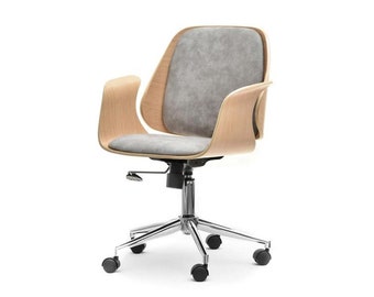 Vintage Retro Style Designer office desk executive chair in grey velvet and light wood Pre Order for late December