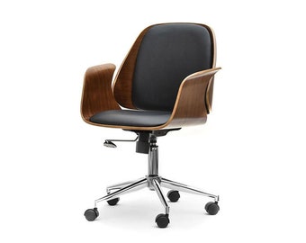 Vintage Retro Style Designer Büro Schreibtisch Stuhl aus schwarzem Kunstleder und Walnuss oder Grau
