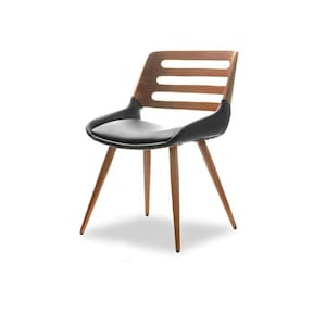 May include: A black leather chair with a wooden frame and a slatted back. The chair has four legs and a curved seat.