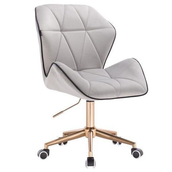 Belle et élégante chaise de bureau pivotante réglable en velours avec base dorée - Plusieurs couleurs disponibles.