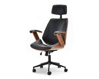 Executive office desk swivel chair in black faux leather and walnut wood or grey