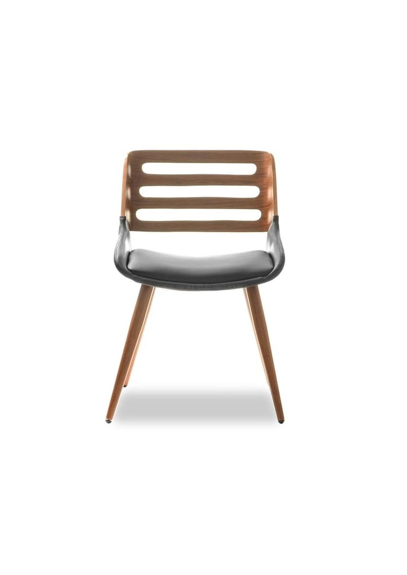 May include: A black leather dining chair with a wooden frame and four legs. The chair has a slatted back and a curved seat.