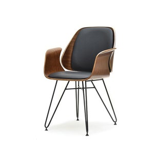 NEW RETRO SCANDI Style Dining Office Desk Chair in Black faux leather and walnut wood  - 2 Colours