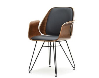 NUEVO RETRO SCANDI Estilo Comedor Oficina Escritorio Silla en piel sintética negro y madera de nogal - 2 Colores