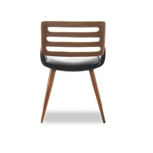 May include: A black and brown wooden dining chair with a slatted back and four legs.
