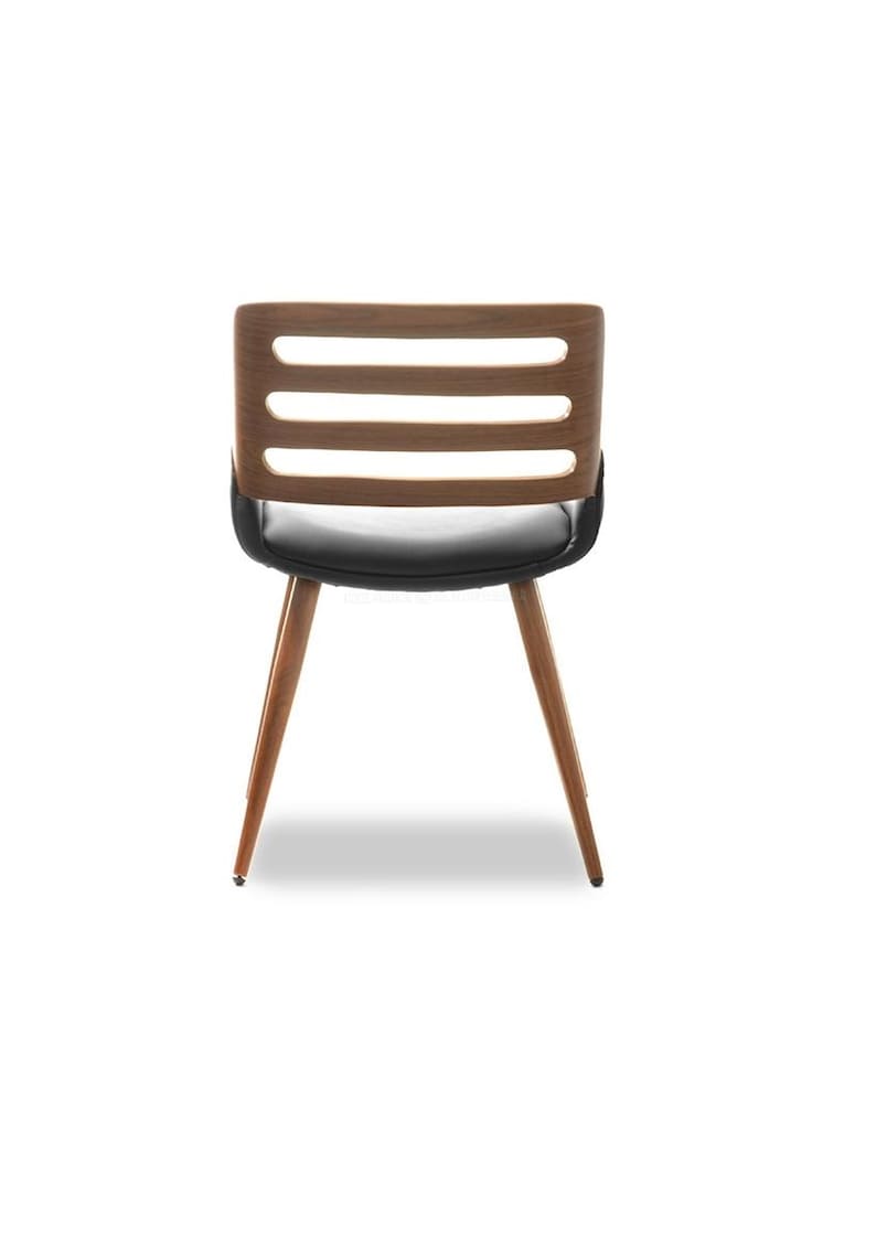 May include: A black and brown wooden dining chair with a slatted back and four legs.