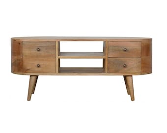 Mid Century Retro Rounded  Oak Finish Solid Wood Media TV Unit  Pre Order for March