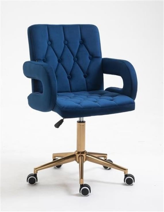 Designer Velvet Adjustable Armchair Office desk Chair With Gold Swivel Base in Ink Blue Green Lilac Pink Black Grey Etsy