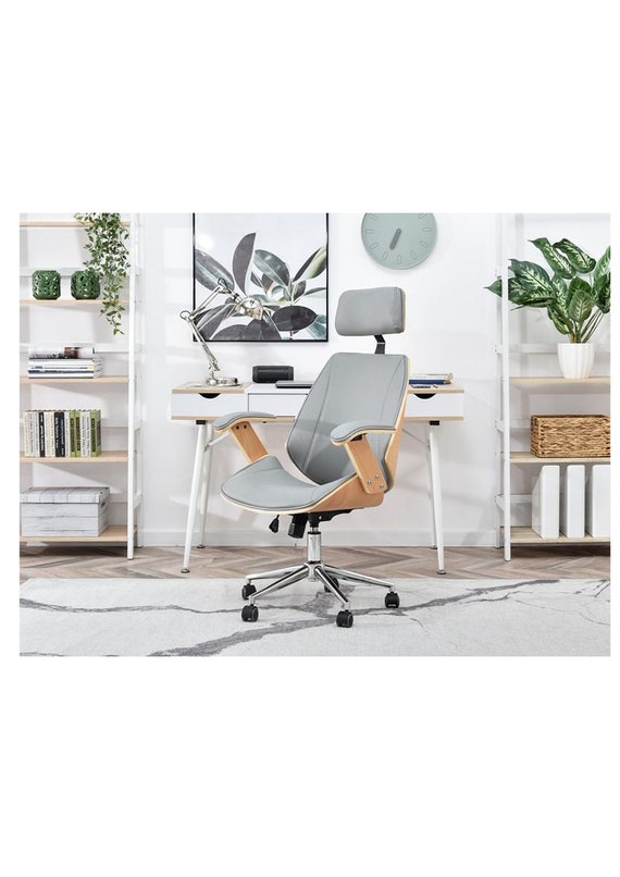 Chaise de bureau pivotante en similicuir noir et bois de noyer ou gris -   France