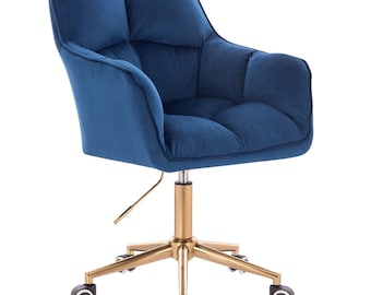 Designer verstellbarer Drehstuhl für Büro/Schreibtisch mit GOLD-Basis aus Samt - Grau/Grün/Blau/Rosa