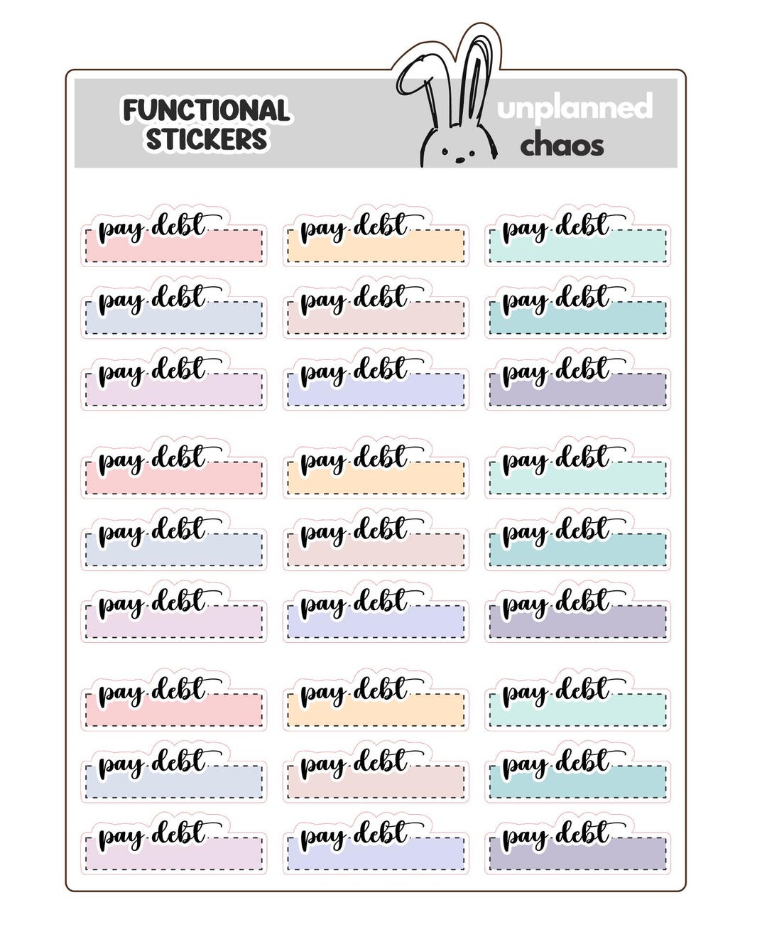 Pay Debt Script With Dash Line Label Planner Stickers, Writable Paper ...
