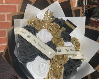 Hajj Mubarak Artificial Eternal Rose Bouquet Black White and Gold | Hajj Gifts | Customised | Glitter Bouquet | Islamic Muslim Gifts |