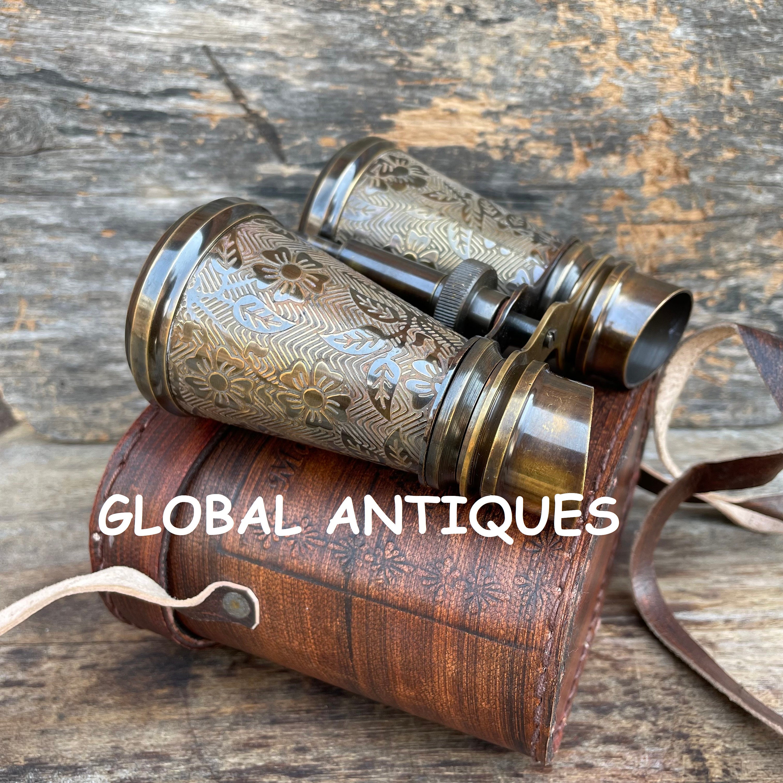 6" Vintage Nautical Leather & Brass Binocular~Antique Pirate Spyglass Telescope 