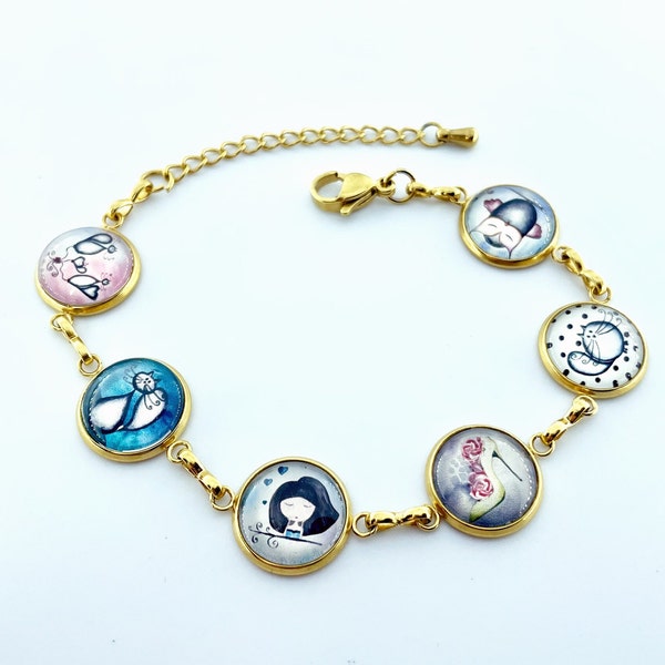 Bracelet couleur or, avec 6 cabochons motifs uniques : 3 Petits chats, chouette, fille, escarpin, rose bleu... dessinés par 3 petits chats
