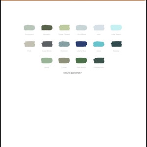 May include: Color chart with 15 paint color swatches. The colors are named: Eucalyptus, Bayberry, Upper Canada, Little Whale, Mat, Little Teapot, Putty, Soap Stone, Heirloom, Liberty Blue, Azure, Seasick, Brook, Lichen, Park Bench, Pressed Fern. The text "Colour is approximate" is at the bottom of the chart.