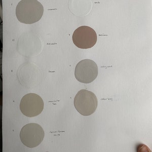 May include: A white sheet of paper with ten paint swatches in various shades of white, beige, and brown. The swatches are labeled with names like "cashmere", "white", "venetian", "straw", "calling wood", "manchester tan", "cedar key", and "natural cream 02-14".