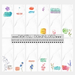 Printable Watercolor Flower Bookmarks, Digital Download